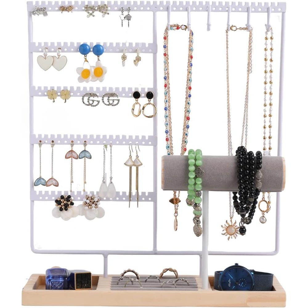 Suport bijuterii, Quasar & Co.®, pentru inele, lantisoare, bratari, ceasuri, cercei, lemn/metal, 35×9.5×30 cm, alb/natur 5