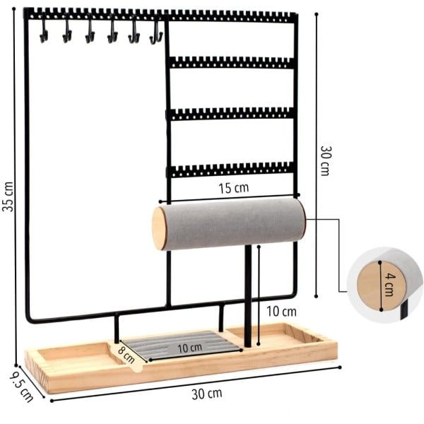 Suport bijuterii, Quasar & Co.®, pentru inele, lantisoare, bratari, ceasuri, cercei, lemn/metal, 35x9.5x30 cm, negru/natur - imagine 9