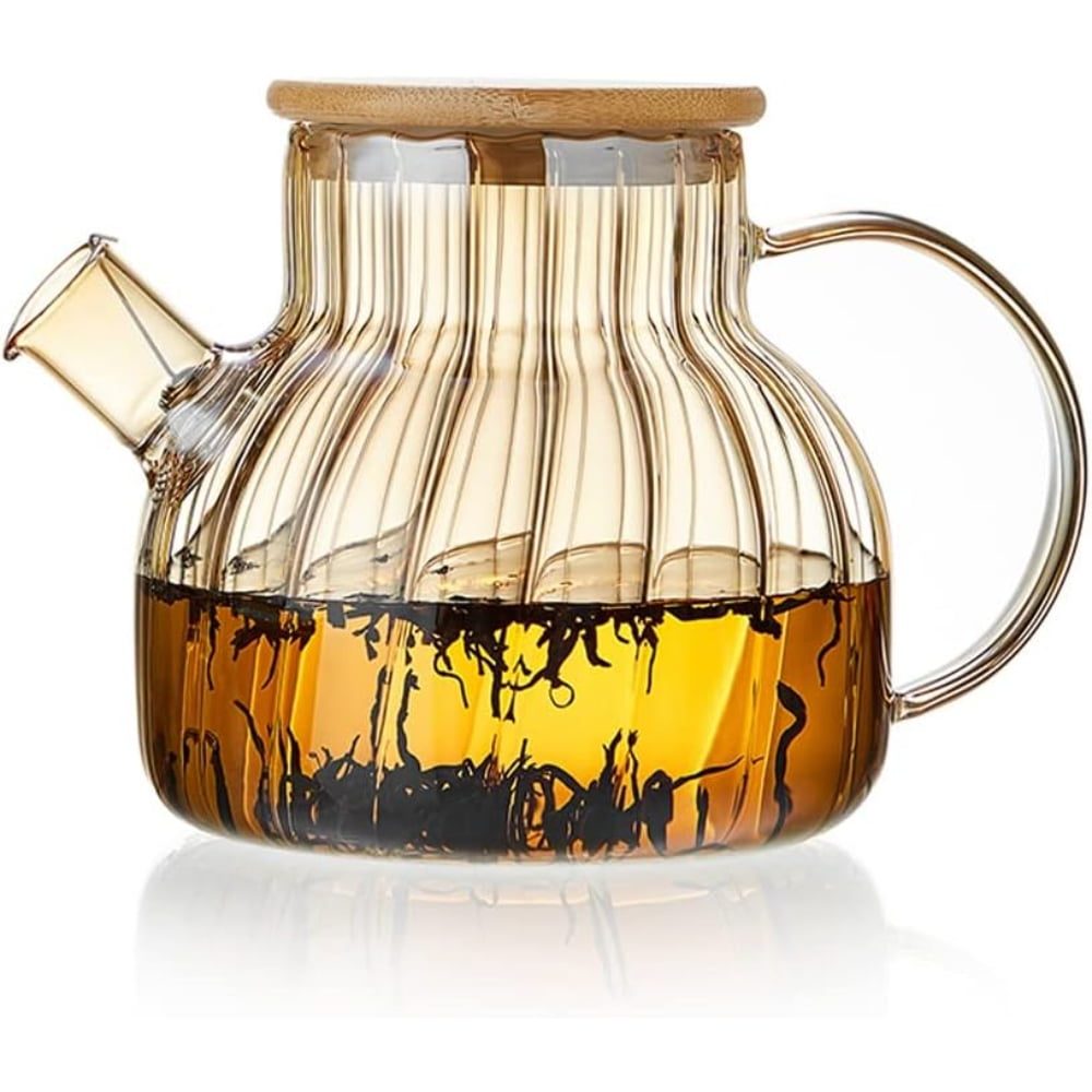 43041247-2 Ceainic, Quasar & Co.®, recipient pentru ceai/cafea cu filtru si capac, 950 ml, sticla borosilicata/bambus, amber