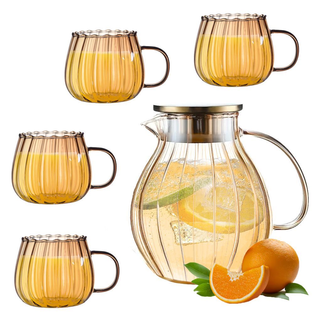 Set ceainic cu 4 cani, Quasar & Co.®, cu filtru, capac, 1600 ml/4×400 ml, sticla borosilicata/otel inoxidabil, amber
