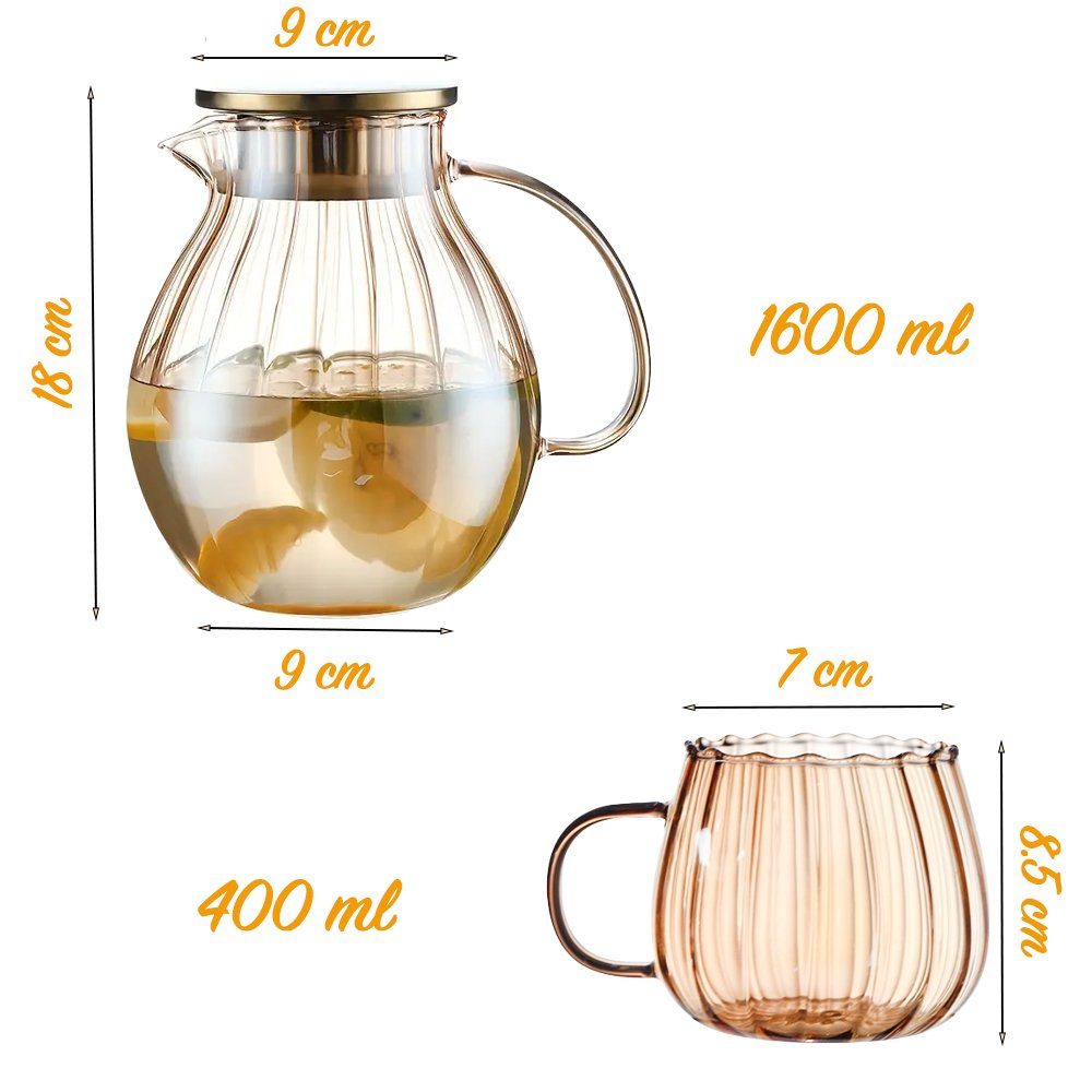 Set ceainic cu 4 cani, Quasar & Co.®, cu filtru, capac, 1600 ml/4×400 ml, sticla borosilicata/otel inoxidabil, amber 6