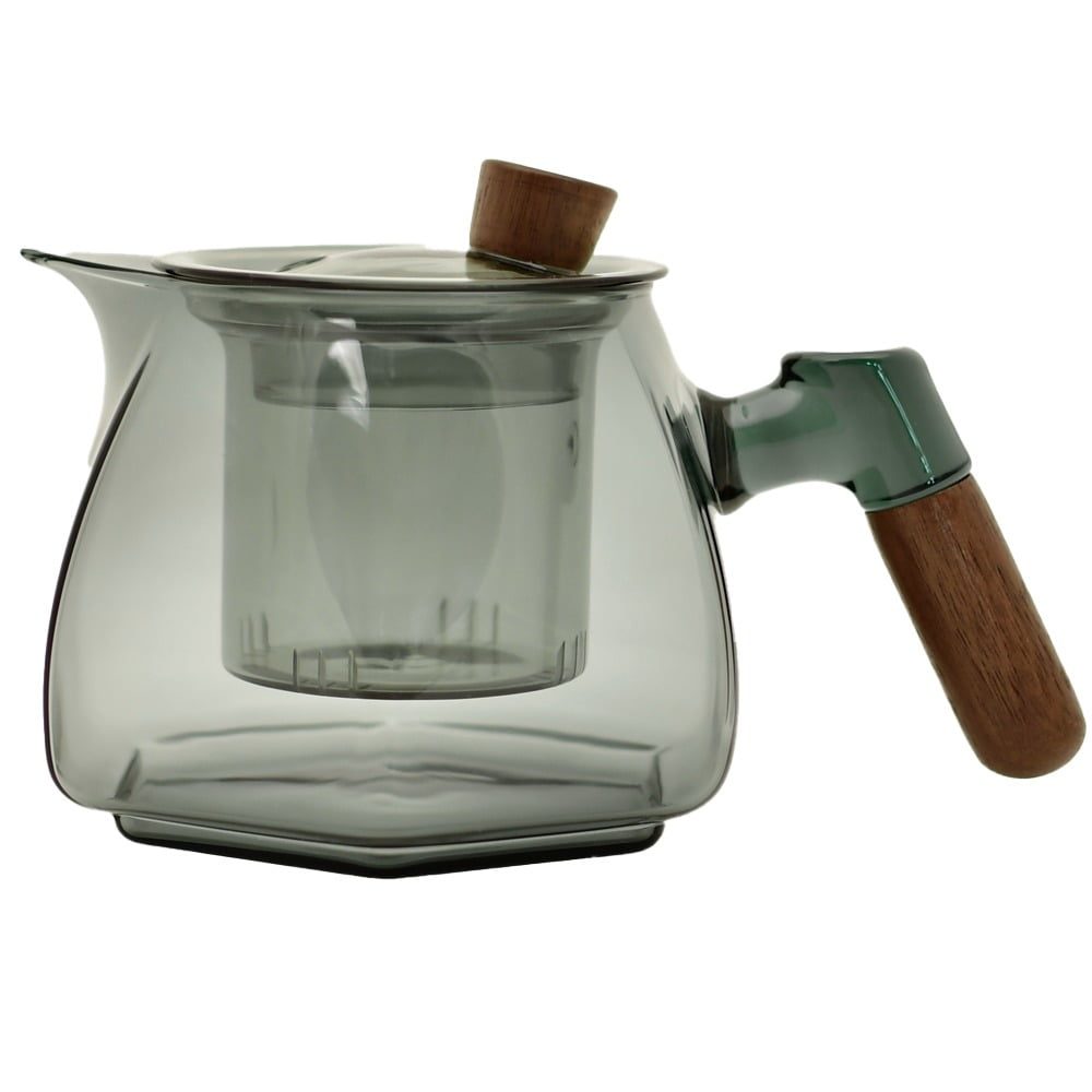 Ceainic, Quasar & Co.®, recipient pentru ceai/cafea cu infuzor, capac si maner, 600 ml, sticla borosilicata/lemn nuc, gri grafit 2