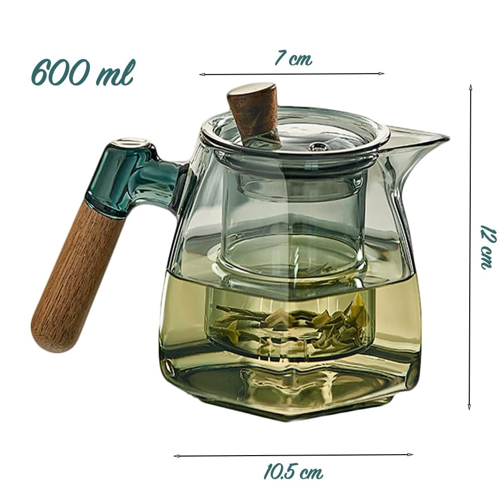 Ceainic, Quasar & Co.®, recipient pentru ceai/cafea cu infuzor, capac si maner, 600 ml, sticla borosilicata/lemn nuc, gri grafit 10