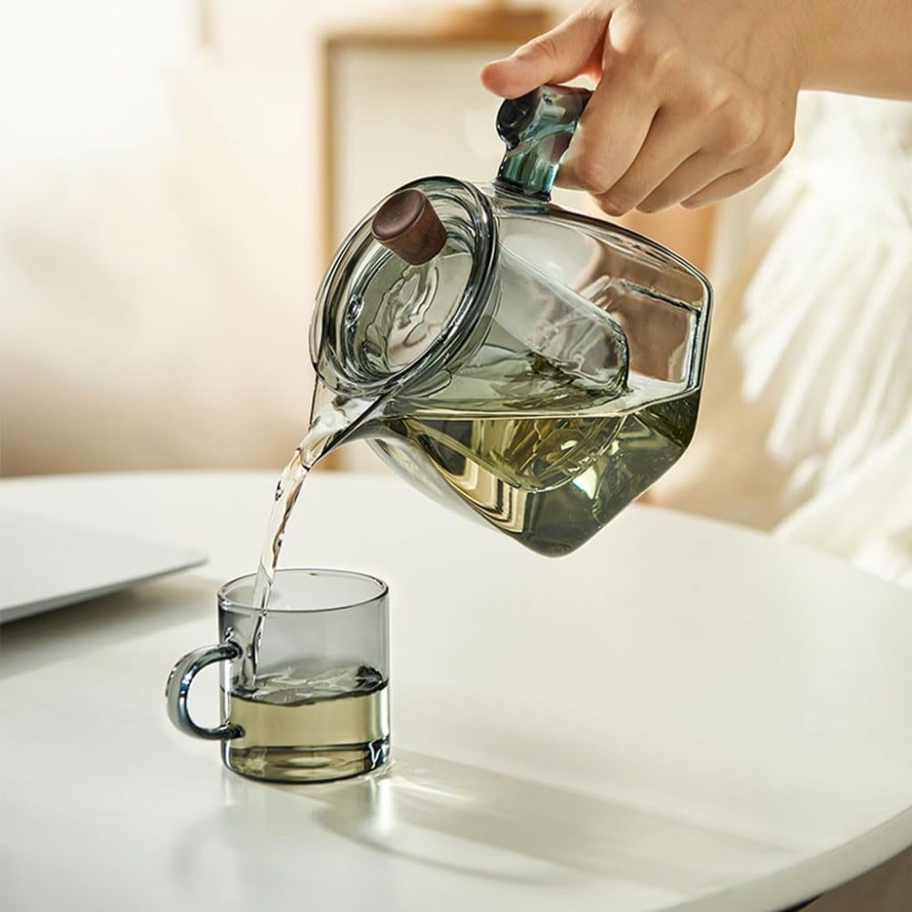 Ceainic, Quasar & Co.®, recipient pentru ceai/cafea cu infuzor, capac si maner, 600 ml, sticla borosilicata/lemn nuc, gri grafit 4