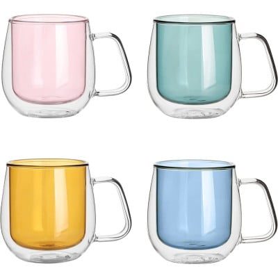 Set 4 cesti cu pereti dubli Quasar & Co.®, termorezistente, model rotund, 4×250 ml, sticla borosilicata, verde-albastru 11