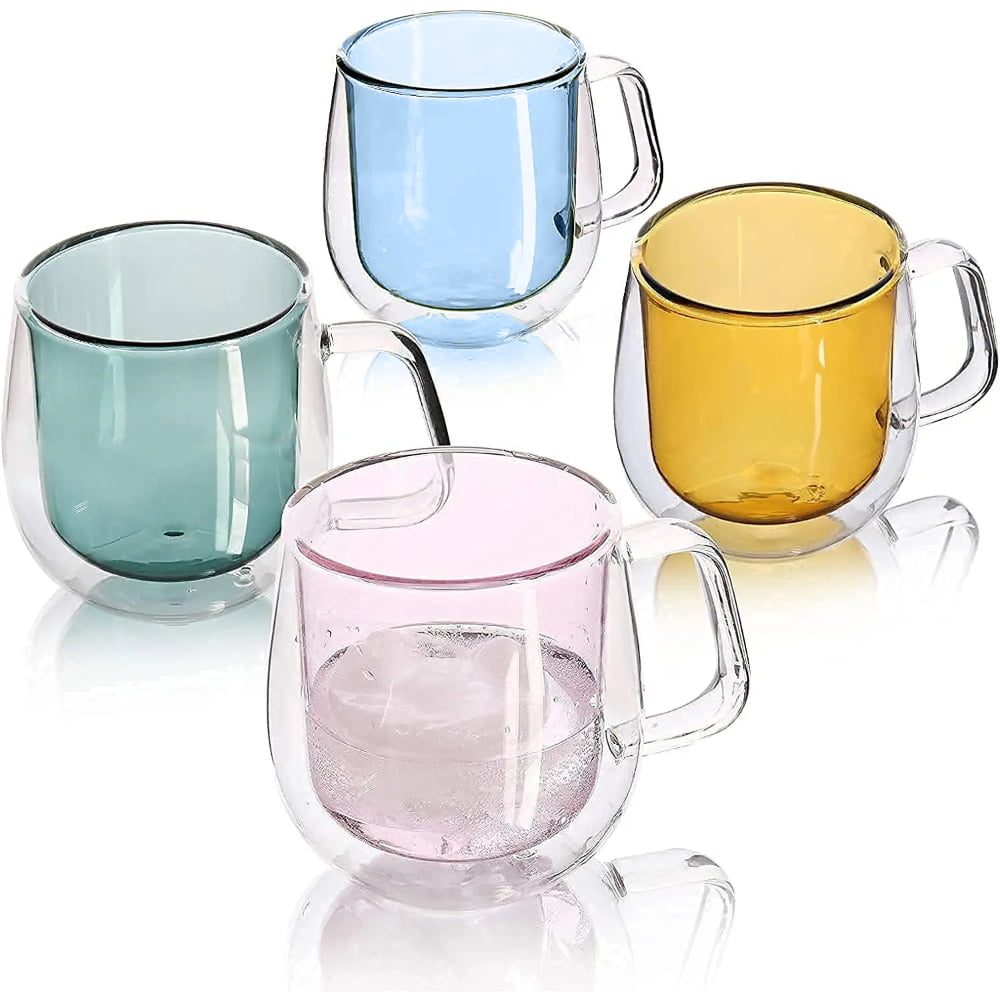 Set 4 cesti cu pereti dubli Quasar & Co.®, termorezistente, model rotund, 4×250 ml, sticla borosilicata, verde-albastru 2