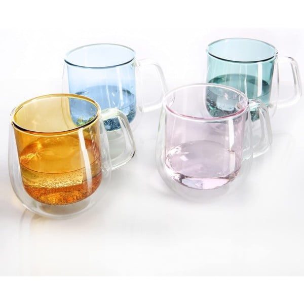 Set 4 cesti cu pereti dubli Quasar & Co.®, termorezistente, model rotund, 4x250 ml, sticla borosilicata, verde-albastru - imagine 3