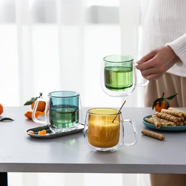 Set 4 cesti cu pereti dubli Quasar & Co.®, termorezistente, model rotund, 4x250 ml, sticla borosilicata, verde-albastru - imagine 4