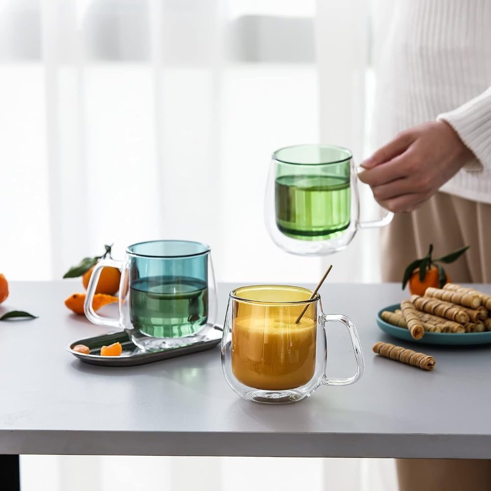 Set 4 cesti cu pereti dubli Quasar & Co.®, termorezistente, model rotund, 4×250 ml, sticla borosilicata, verde-albastru 4