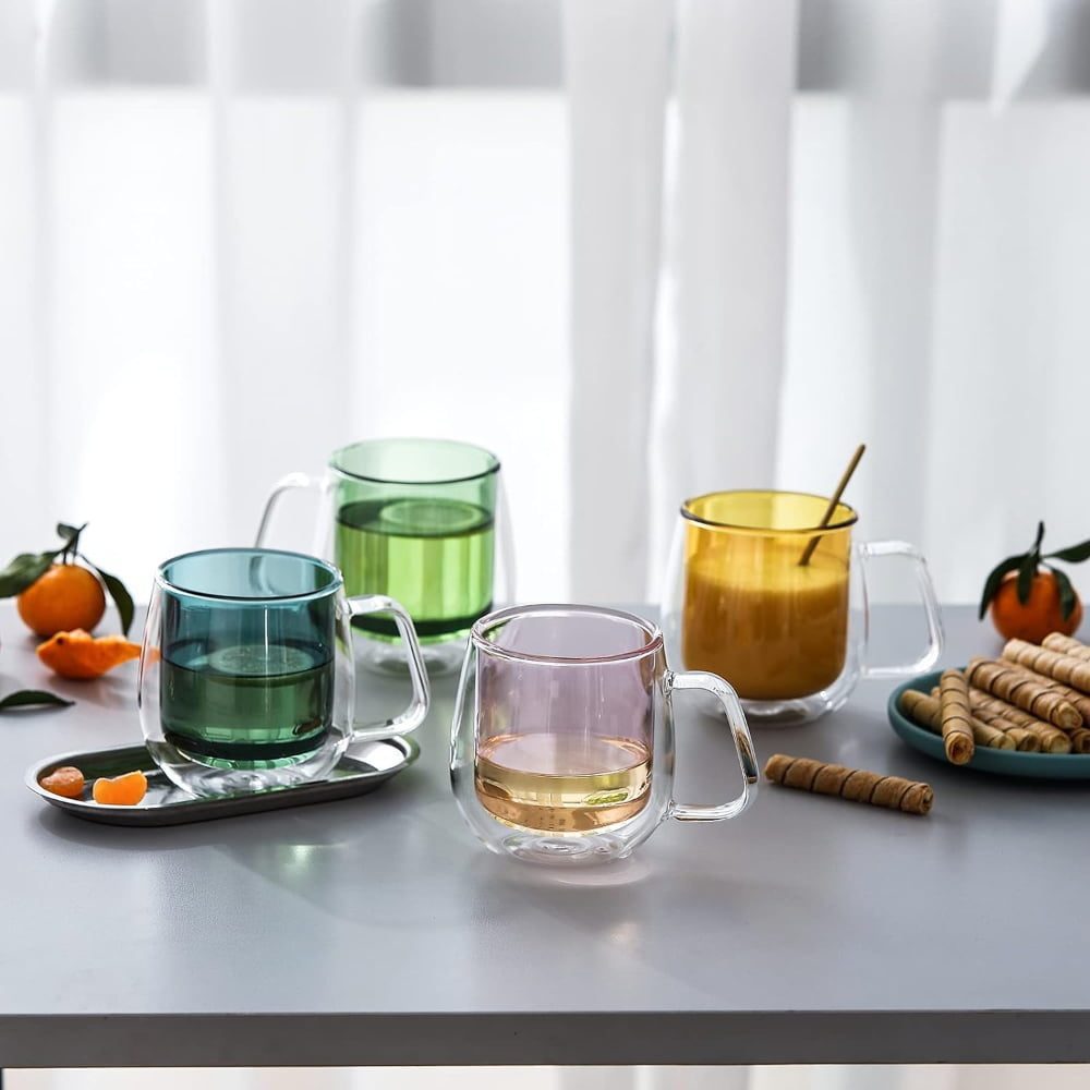 Set 4 cesti cu pereti dubli Quasar & Co.®, termorezistente, model rotund, 4×250 ml, sticla borosilicata, verde-albastru 5