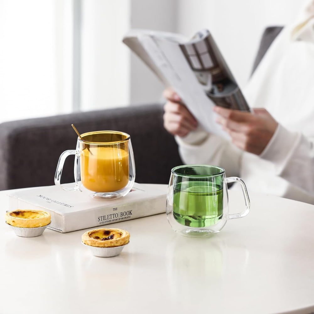 Set 4 cesti cu pereti dubli Quasar & Co.®, termorezistente, model rotund, 4×250 ml, sticla borosilicata, verde-albastru 8