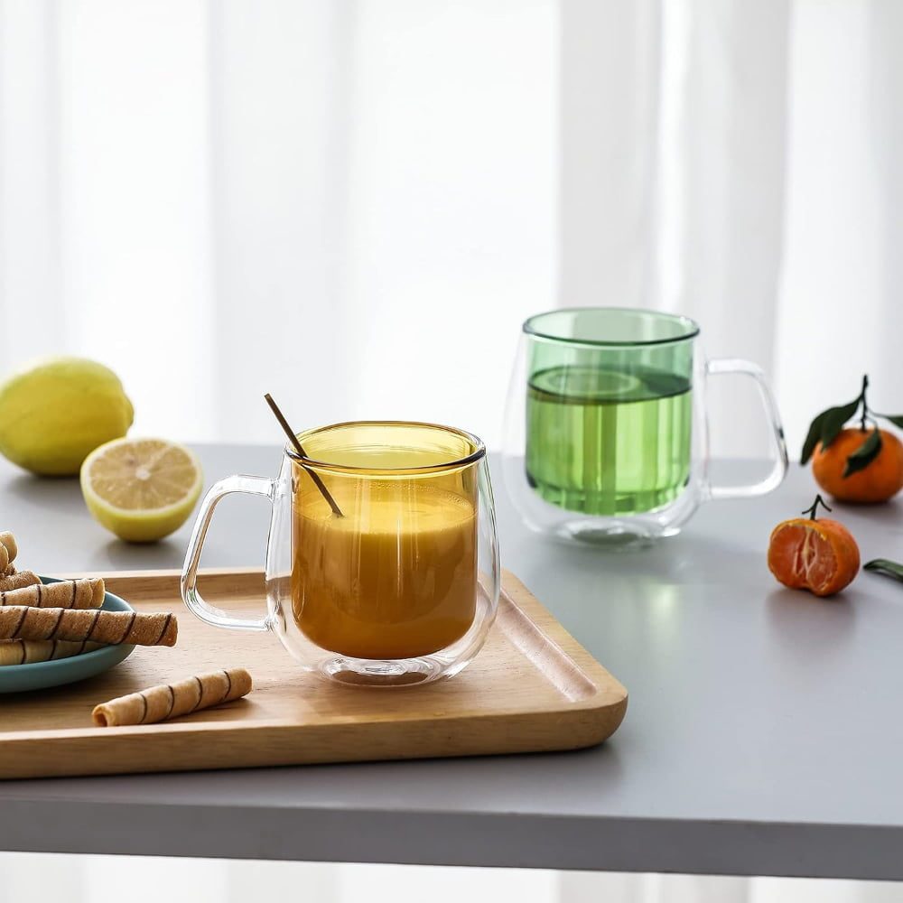 Set 4 cesti cu pereti dubli Quasar & Co.®, termorezistente, model rotund, 4×250 ml, sticla borosilicata, verde-albastru 9