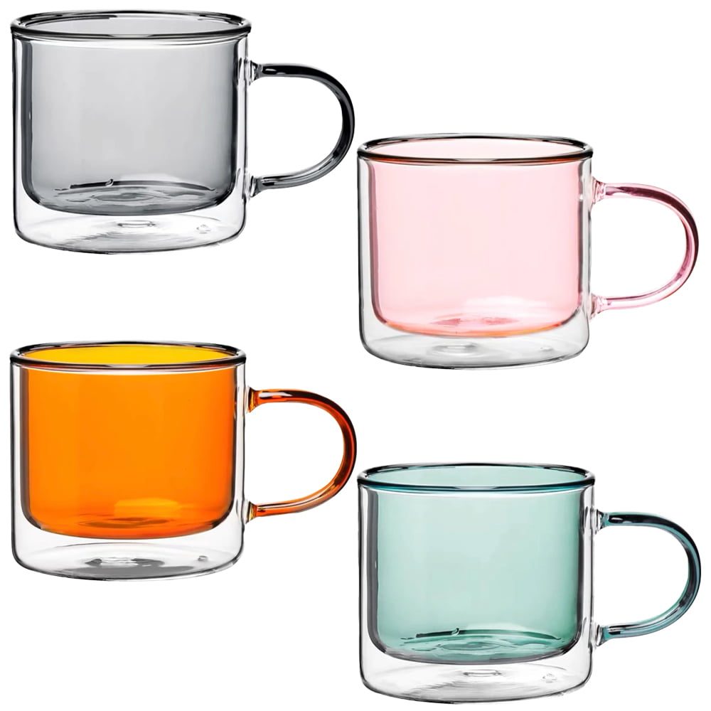 Set 4 cesti cu pereti dubli Quasar & Co.®, termorezistente, model drept, 4×250 ml, sticla borosilicata, gri-portocaliu