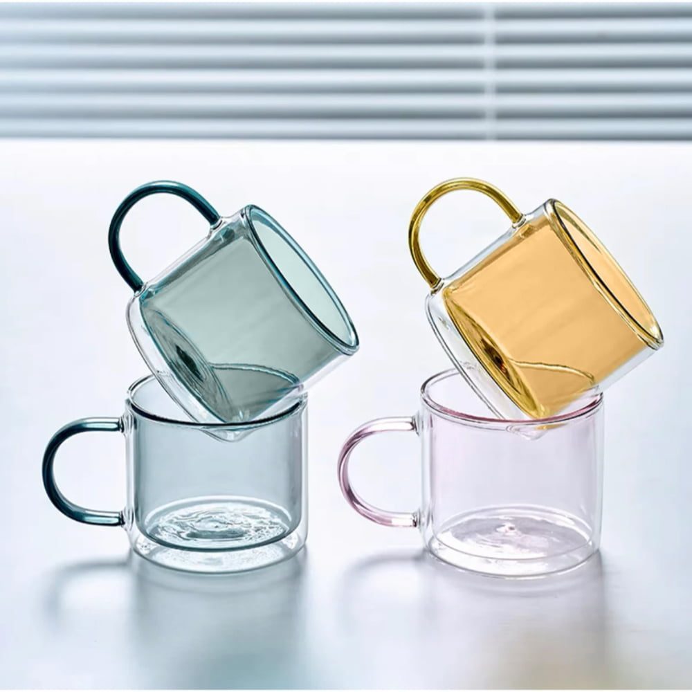 Set 4 cesti cu pereti dubli Quasar & Co.®, termorezistente, model drept, 4×250 ml, sticla borosilicata, gri-portocaliu 2