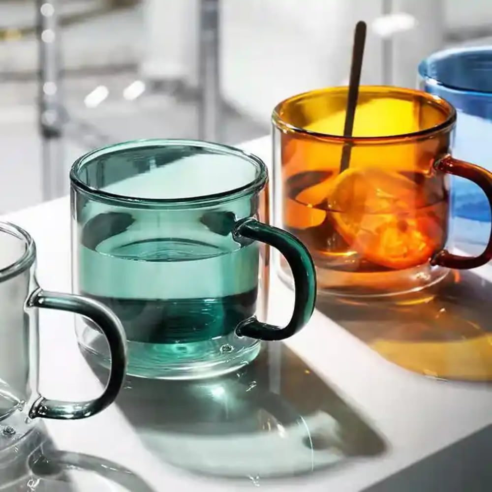 Set 4 cesti cu pereti dubli Quasar & Co.®, termorezistente, model drept, 4×250 ml, sticla borosilicata, gri-portocaliu 3