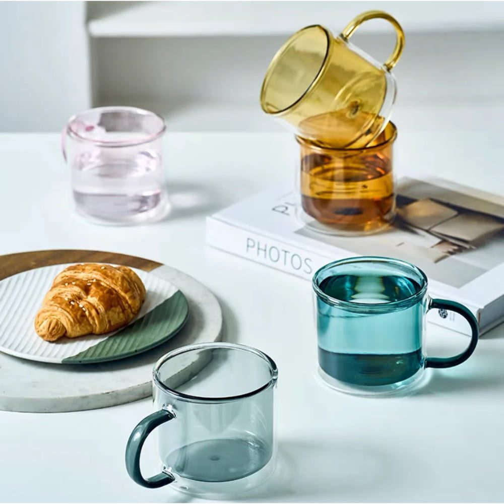 Set 4 cesti cu pereti dubli Quasar & Co.®, termorezistente, model drept, 4×250 ml, sticla borosilicata, gri-portocaliu 4
