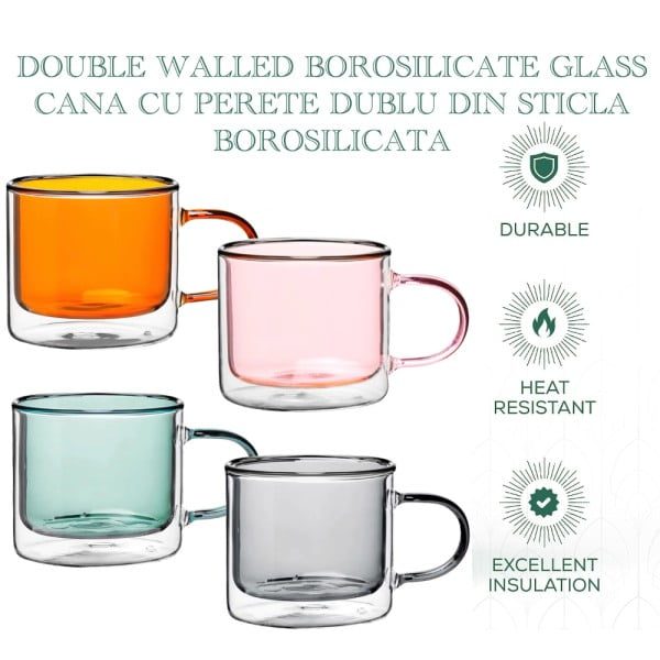 Set 4 cesti cu pereti dubli Quasar & Co.®, termorezistente, model drept, 4x250 ml, sticla borosilicata, gri-portocaliu - imagine 6
