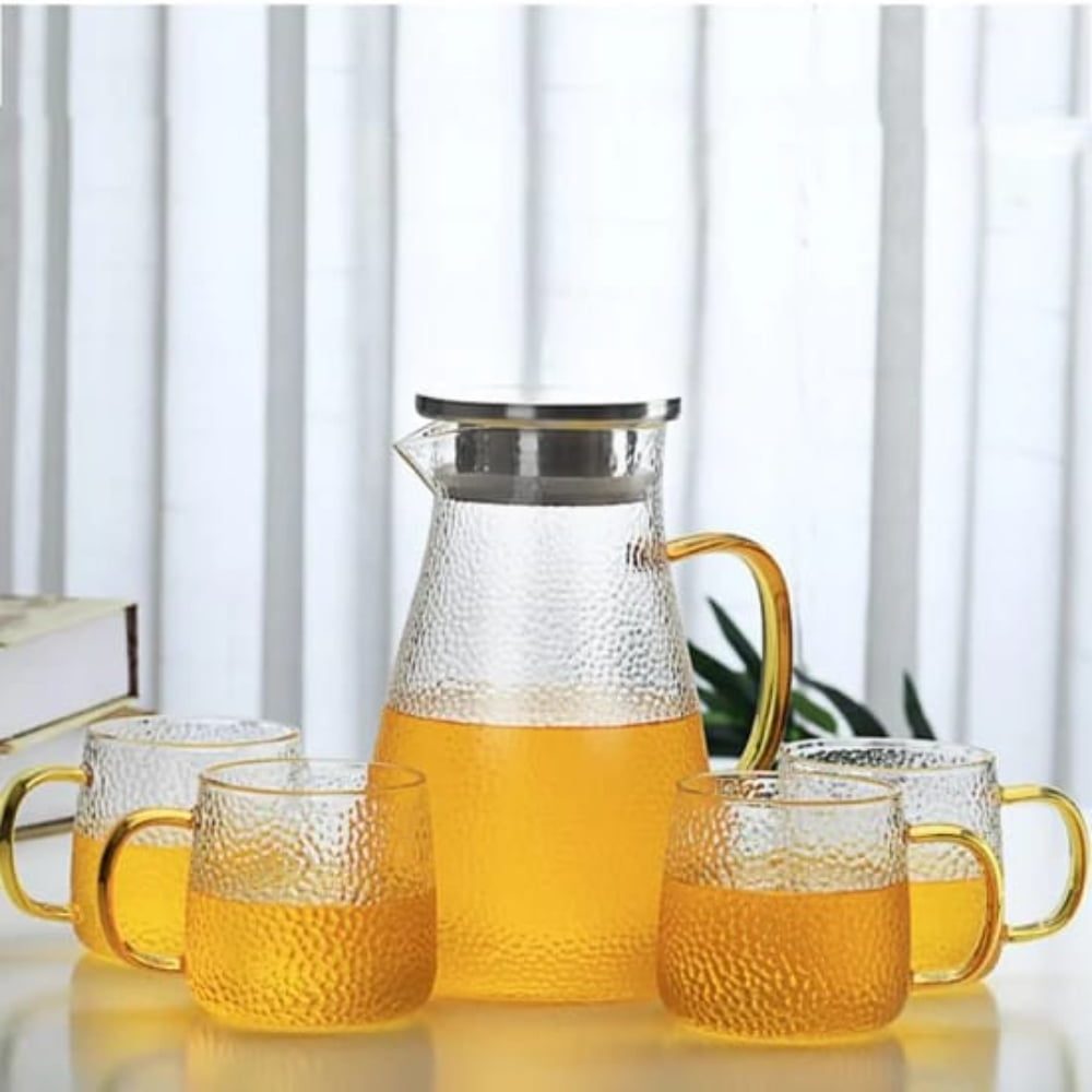 Set ceainic cu 4 cani, Quasar & Co.®, cu filtru, capac, 2000 ml/4×400 ml, sticla borosilicata/otel inoxidabil, transparent