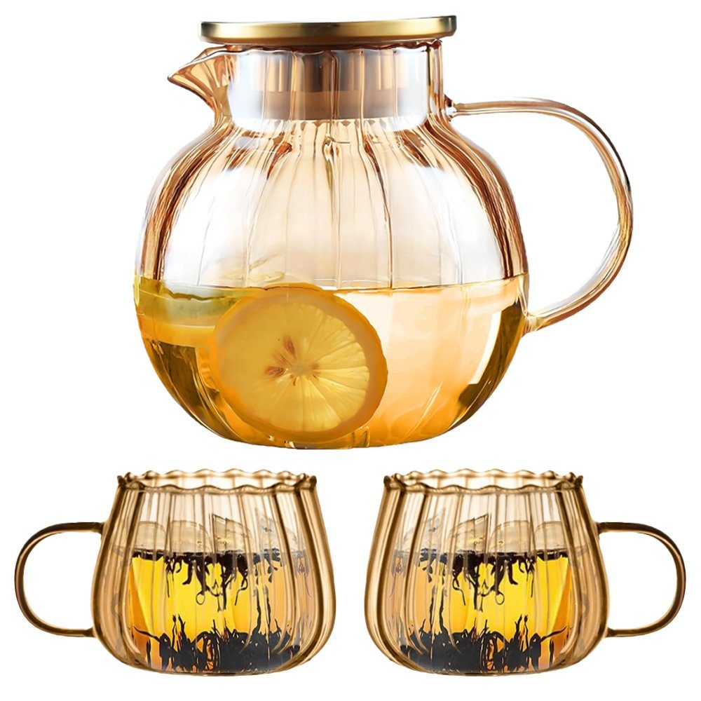 Set ceainic cu 2 cani, Quasar & Co.®, cu filtru, capac, sticla borosilicata/otel inoxidabil, 1200 ml/2×400 ml, amber