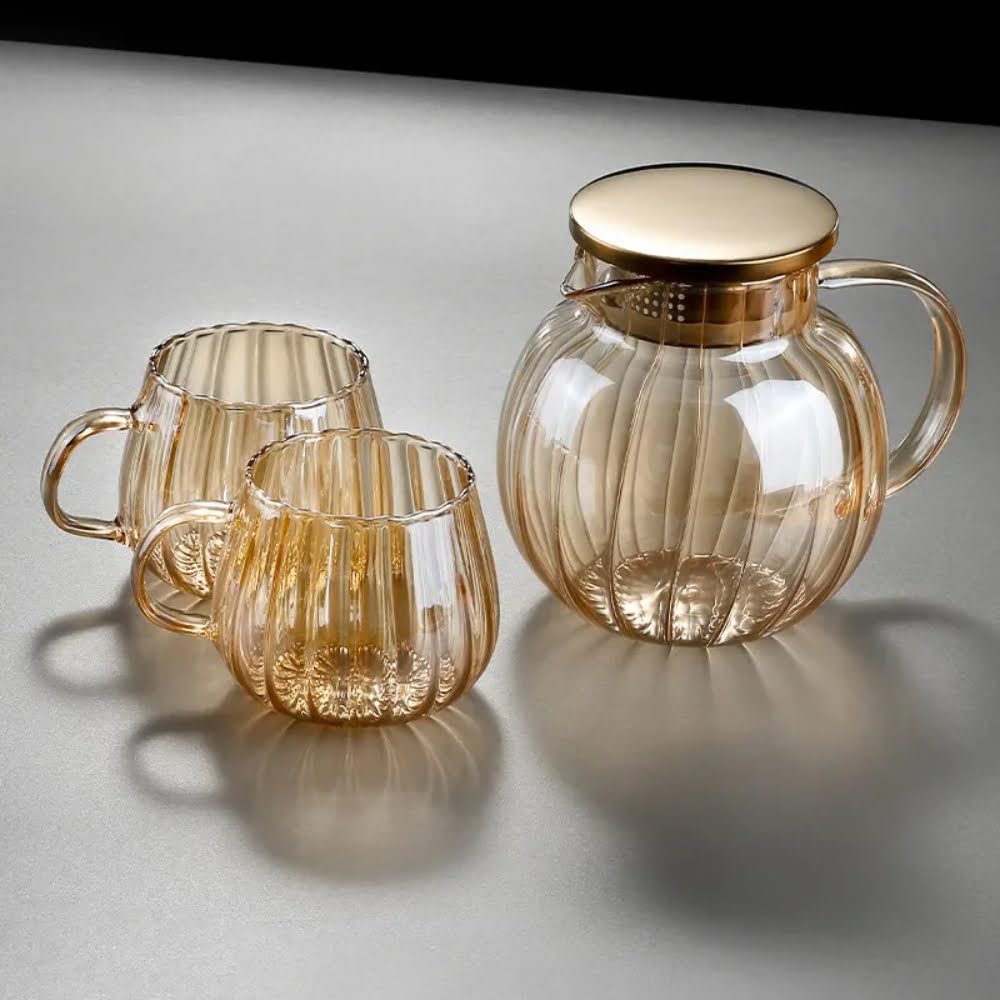 Set ceainic cu 2 cani, Quasar & Co.®, cu filtru, capac, sticla borosilicata/otel inoxidabil, 1200 ml/2×400 ml, amber 7
