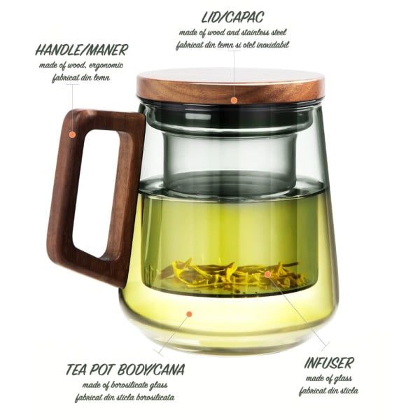 Cana cu infuzor, Quasar & Co.®, recipient pentru ceai/cafea, capac si maner, 500 ml, sticla borosilicata/lemn acacia, gri grafit - imagine 10