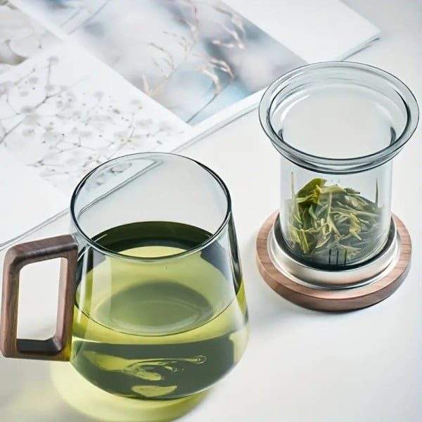 Cana cu infuzor, Quasar & Co.®, recipient pentru ceai/cafea, capac si maner, 500 ml, sticla borosilicata/lemn acacia, gri grafit - imagine 3