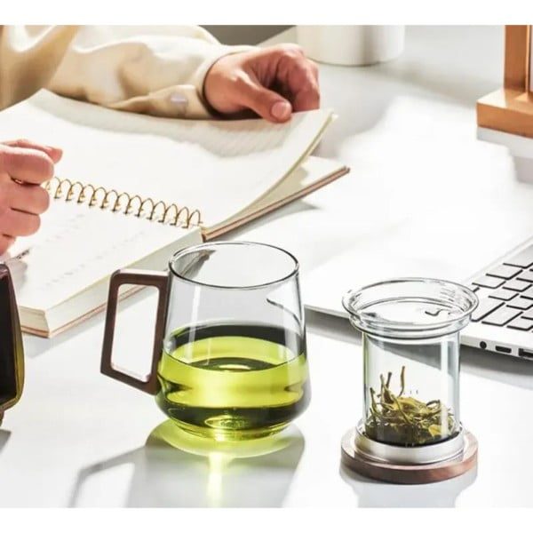Cana cu infuzor, Quasar & Co.®, recipient pentru ceai/cafea, capac si maner, 500 ml, sticla borosilicata/lemn acacia, gri grafit - imagine 7