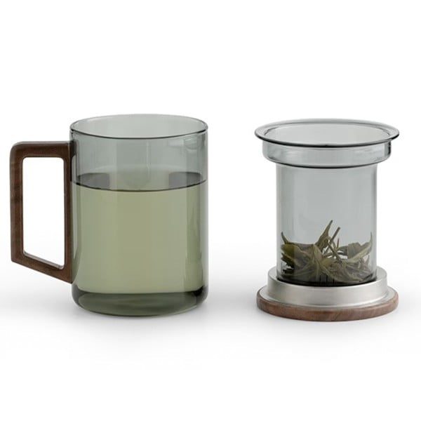 Cana cu infuzor, Quasar & Co.®, recipient pentru ceai/cafea, capac si maner, 400 ml, sticla borosilicata/lemn acacia, gri grafit - imagine 3
