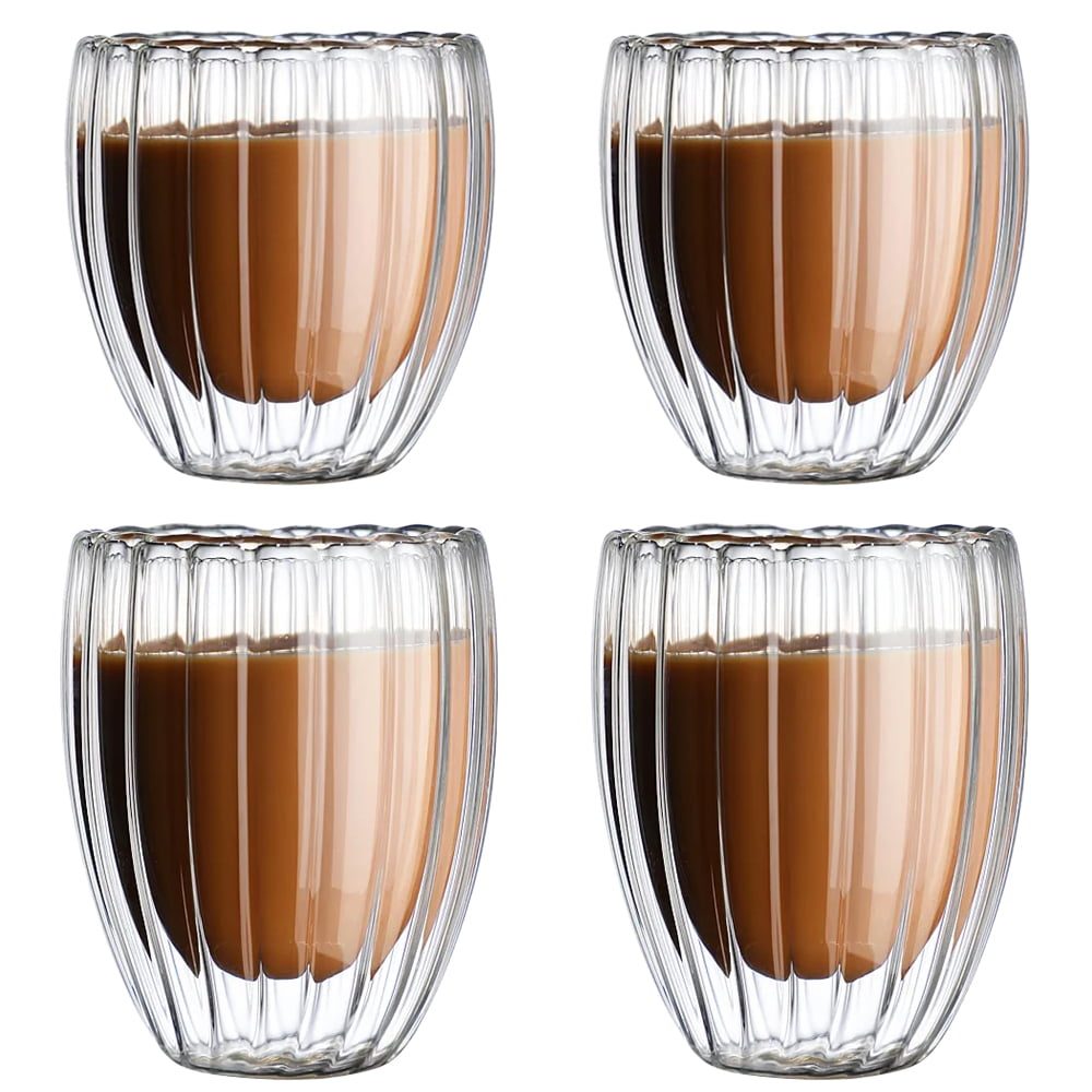 43041313-2 Set 4 pahare cu pereti dubli, Quasar & Co.®, termorezistente, model stripe, 2×210 ml/2×270 ml, sticla borosilicata, transparent