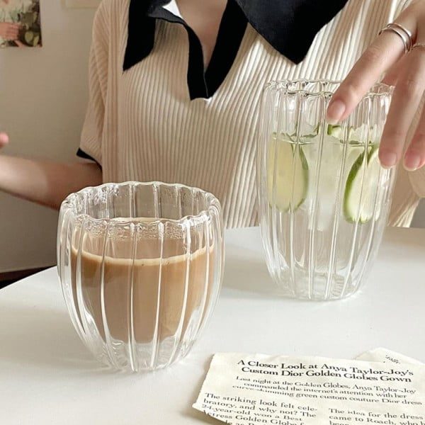 Set 4 pahare cu pereti dubli, Quasar & Co.®, termorezistente, model stripe, 2x210 ml/2x270 ml, sticla borosilicata, transparent - imagine 4
