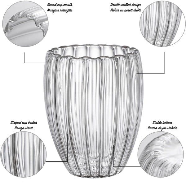 Set 4 pahare cu pereti dubli, Quasar & Co.®, termorezistente, model stripe, 2x210 ml/2x270 ml, sticla borosilicata, transparent - imagine 8