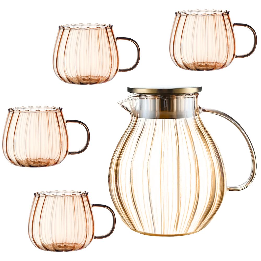 Set ceainic cu 4 cani, Quasar & Co.®, cu filtru, capac, 1600 ml/4×400 ml, sticla borosilicata/otel inoxidabil, amber 2
