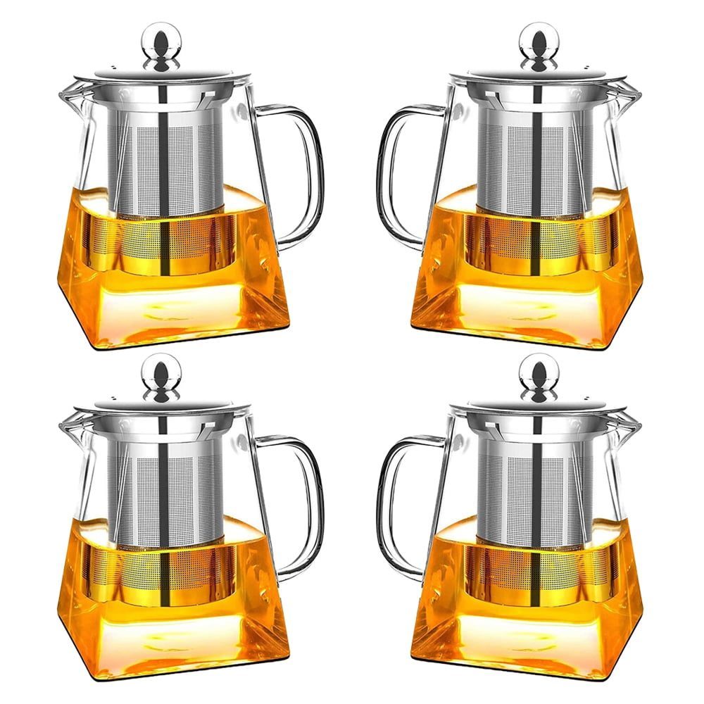 Set 4 ceainice, Quasar & Co.®, recipiente pentru ceai/cafea cu infuzor si capac, 4 x 350 ml, sticla borosilicata/otel inoxidabil, transparent