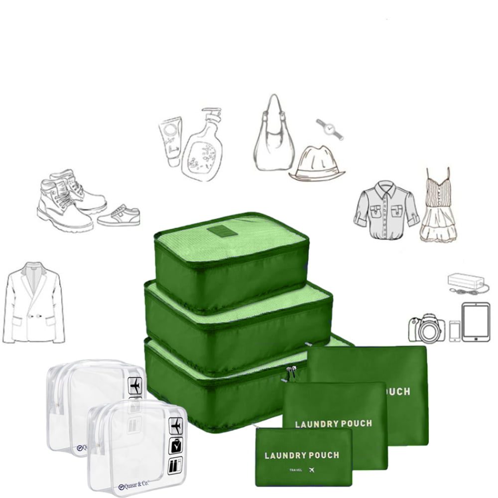 Set 6 huse organizare bagaj si 2 gentute cosmetice calatorie Quasar & Co.®, pretabile voiaj, accesorii valiza/troler, verde 3