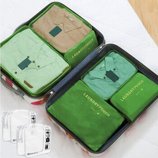 Set 6 huse organizare bagaj si 2 gentute cosmetice calatorie Quasar & Co.®, pretabile voiaj, accesorii valiza/troler, verde - imagine 5