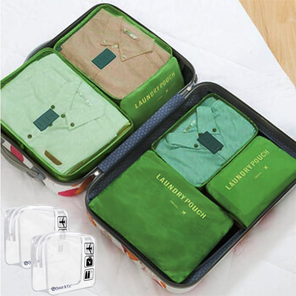Set 6 huse organizare bagaj si 2 gentute cosmetice calatorie Quasar & Co.®, pretabile voiaj, accesorii valiza/troler, verde 5