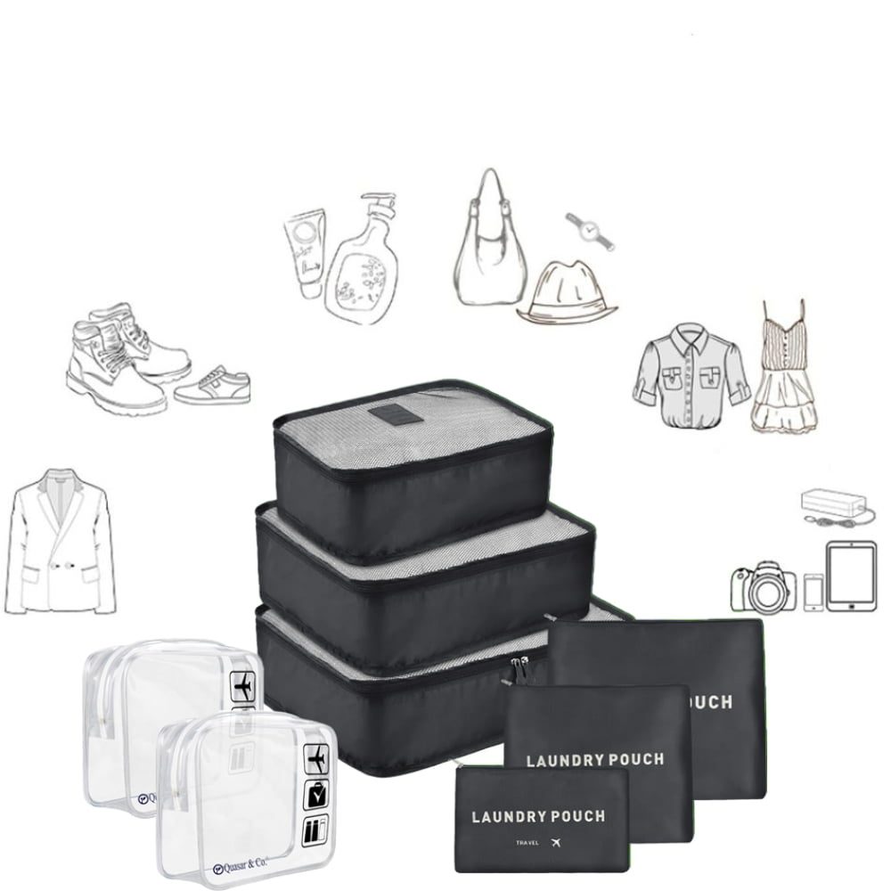 Set 6 huse organizare bagaj si 2 gentute cosmetice calatorie, Quasar & Co.®, pretabile voiaj, accesorii valiza/troler, negru 3 Set 6 huse organizare bagaj si 2 gentute cosmetice calatorie, Quasar & Co.®, pretabile voiaj, accesorii valiza/troler, negru 3
