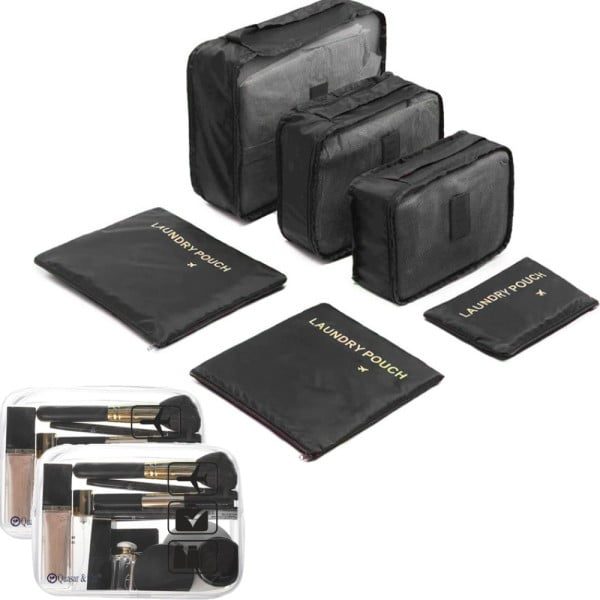 Set 6 huse organizare bagaj si 2 gentute cosmetice calatorie, Quasar & Co.®, pretabile voiaj, accesorii valiza/troler, negru - imagine 5