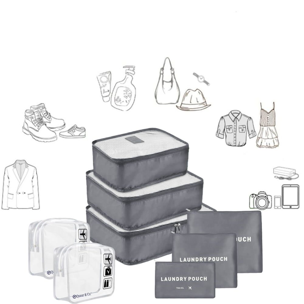 Set 6 huse organizare bagaj si 2 gentute cosmetice calatorie, Quasar & Co.®, pretabile voiaj, accesorii valiza/troler, gri 3 Set 6 huse organizare bagaj si 2 gentute cosmetice calatorie, Quasar & Co.®, pretabile voiaj, accesorii valiza/troler, gri 3