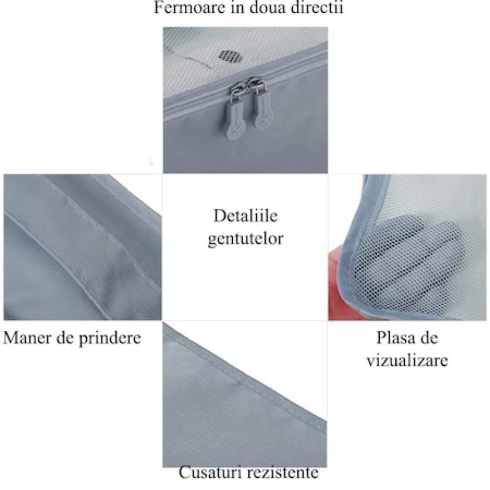 Set 6 huse organizare bagaj si 2 gentute cosmetice calatorie, Quasar & Co.®, pretabile voiaj, accesorii valiza/troler, gri 6 Set 6 huse organizare bagaj si 2 gentute cosmetice calatorie, Quasar & Co.®, pretabile voiaj, accesorii valiza/troler, gri 6
