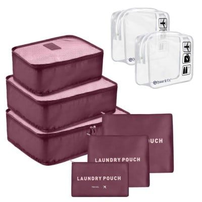 Set 6 huse organizare bagaj si 2 gentute cosmetice calatorie, Quasar & Co.®, pretabile voiaj, accesorii valiza/troler, visiniu 9 Set 6 huse organizare bagaj si 2 gentute cosmetice calatorie, Quasar & Co.®, pretabile voiaj, accesorii valiza/troler, visiniu 9
