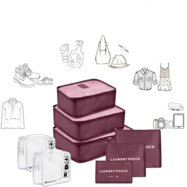 Set 6 huse organizare bagaj si 2 gentute cosmetice calatorie, Quasar & Co.®, pretabile voiaj, accesorii valiza/troler, visiniu - imagine 3