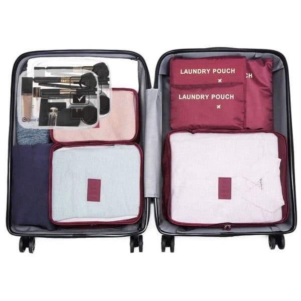 Set 6 huse organizare bagaj si 2 gentute cosmetice calatorie, Quasar & Co.®, pretabile voiaj, accesorii valiza/troler, visiniu - imagine 4