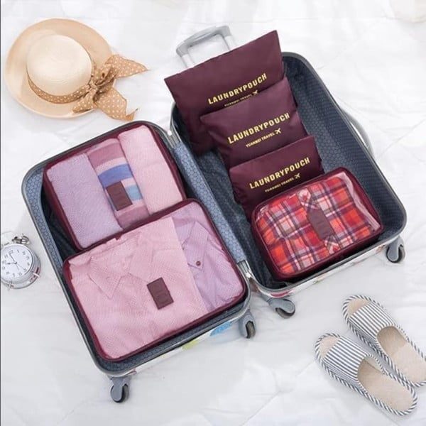 Set 6 huse organizare bagaj si 2 gentute cosmetice calatorie, Quasar & Co.®, pretabile voiaj, accesorii valiza/troler, visiniu - imagine 7