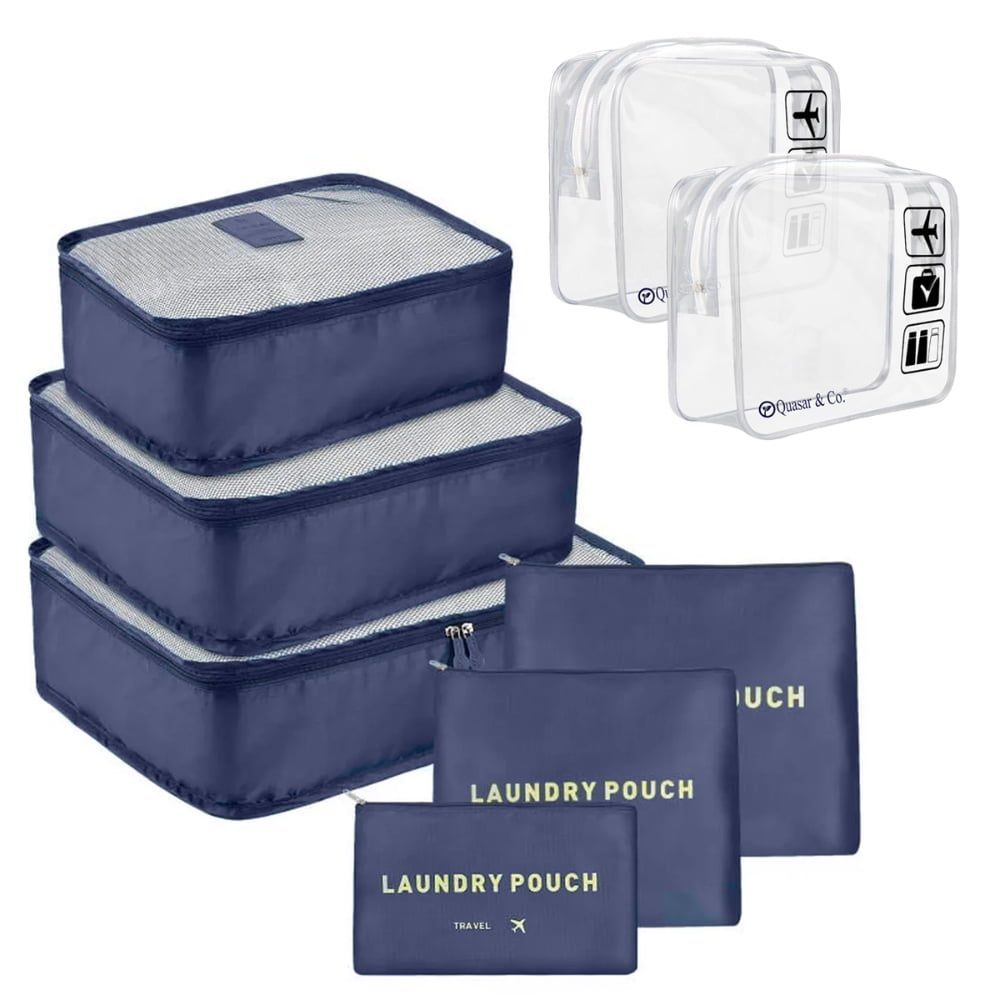 44041005-1 Set 6 huse organizare bagaj si 2 gentute cosmetice calatorie, Quasar & Co.®, pretabile voiaj, accesorii valiza/troler, bleumarin