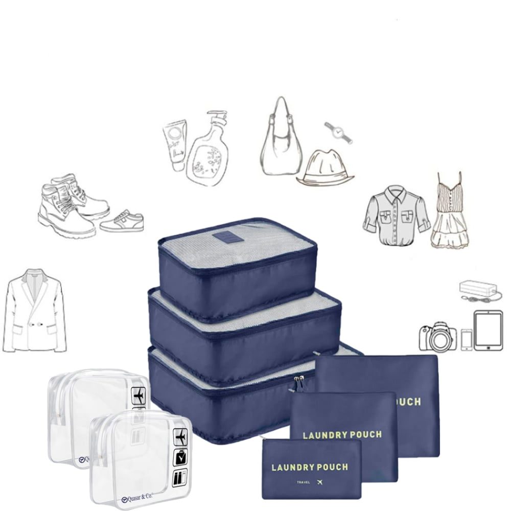 Set 6 huse organizare bagaj si 2 gentute cosmetice calatorie, Quasar & Co.®, pretabile voiaj, accesorii valiza/troler, bleumarin 3 Set 6 huse organizare bagaj si 2 gentute cosmetice calatorie, Quasar & Co.®, pretabile voiaj, accesorii valiza/troler, bleumarin 3