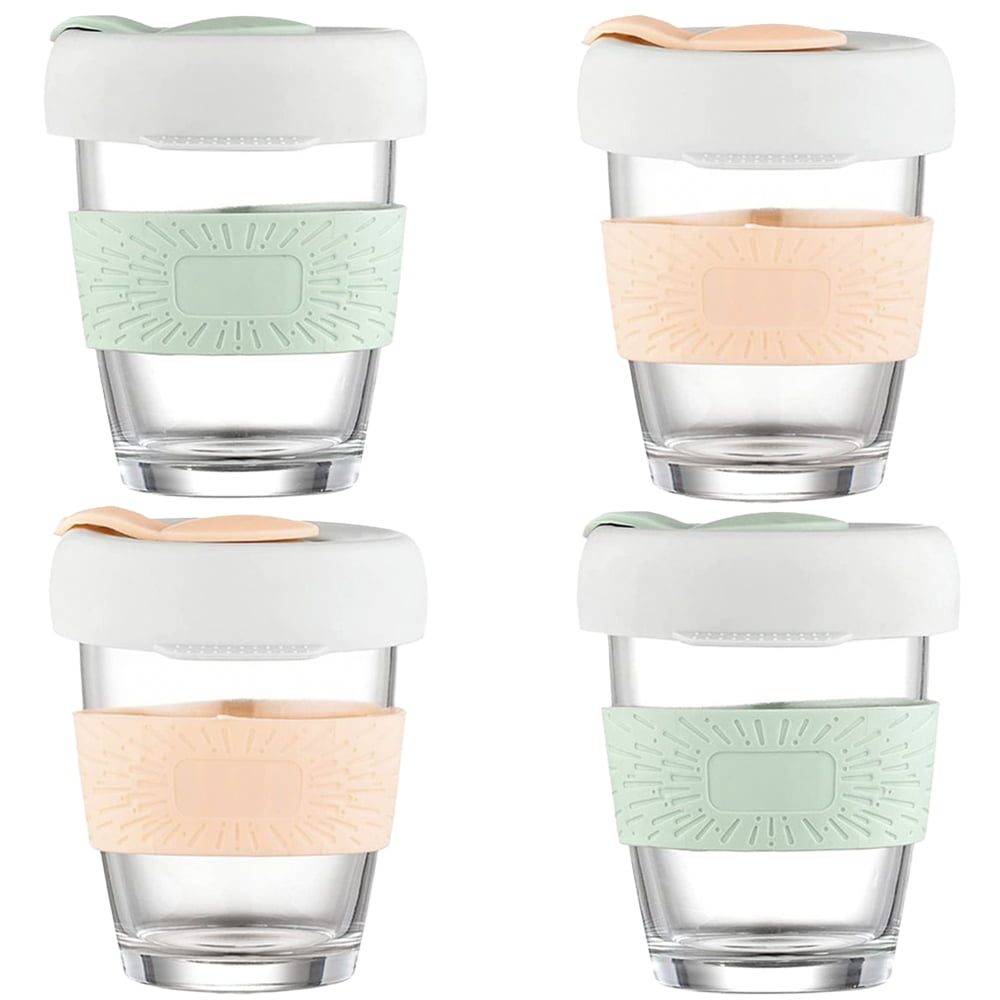 Set 4 pahare cafea/ceai, Quasar & Co.®, model To Go, cu protectie termica si capac din silicon, sticla, 4×320 ml, verde/corai 2