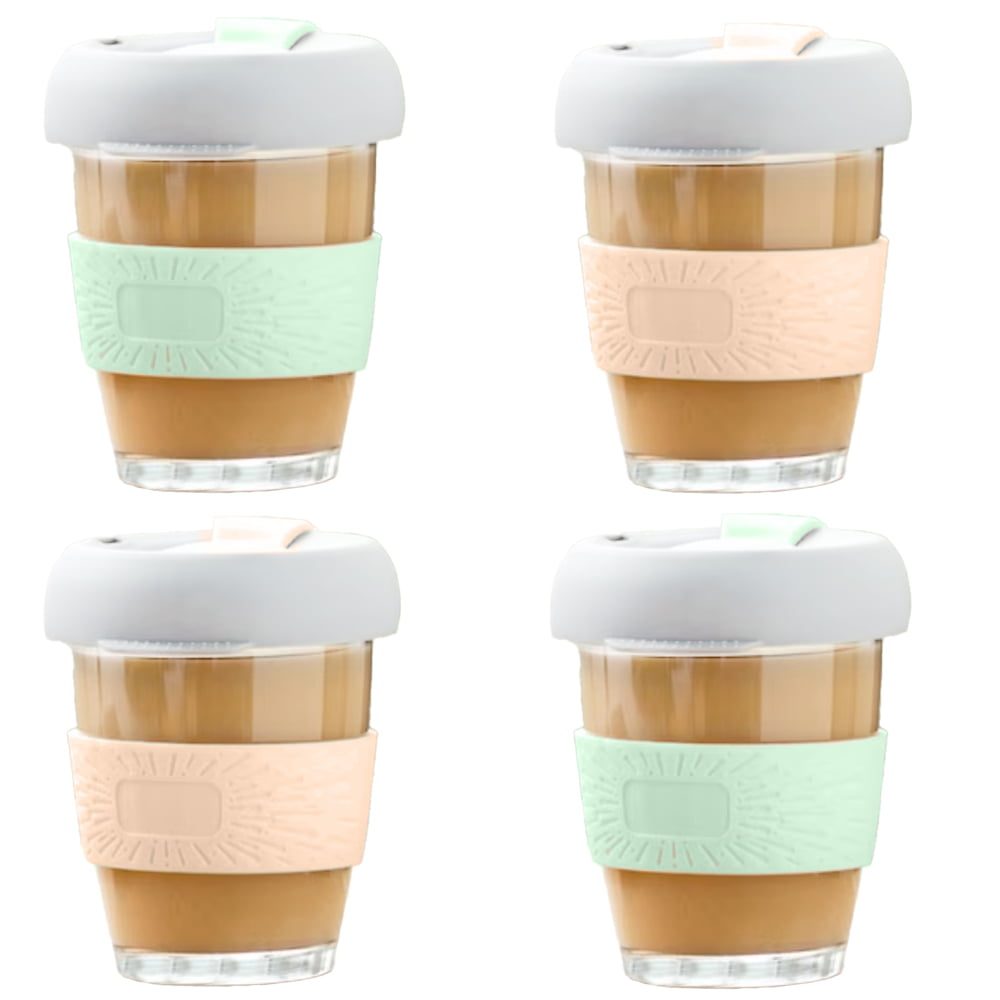 Set 4 pahare cafea/ceai, Quasar & Co.®, model To Go, cu protectie termica si capac din silicon, sticla, 4×320 ml, verde/corai