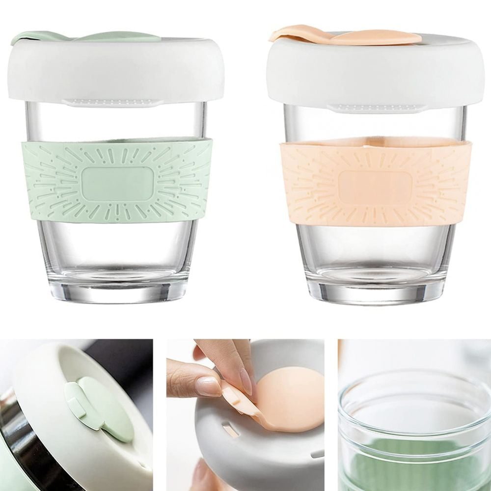 Set 4 pahare cafea/ceai, Quasar & Co.®, model To Go, cu protectie termica si capac din silicon, sticla, 4×320 ml, verde/corai 9