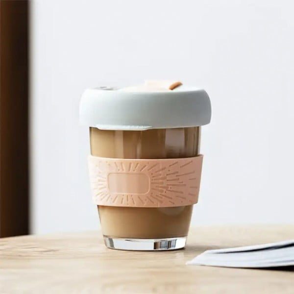 Set 4 pahare cafea/ceai, Quasar & Co.®, model To Go, cu protectie termica si capac din silicon, sticla, 4x320 ml, verde/corai - imagine 3